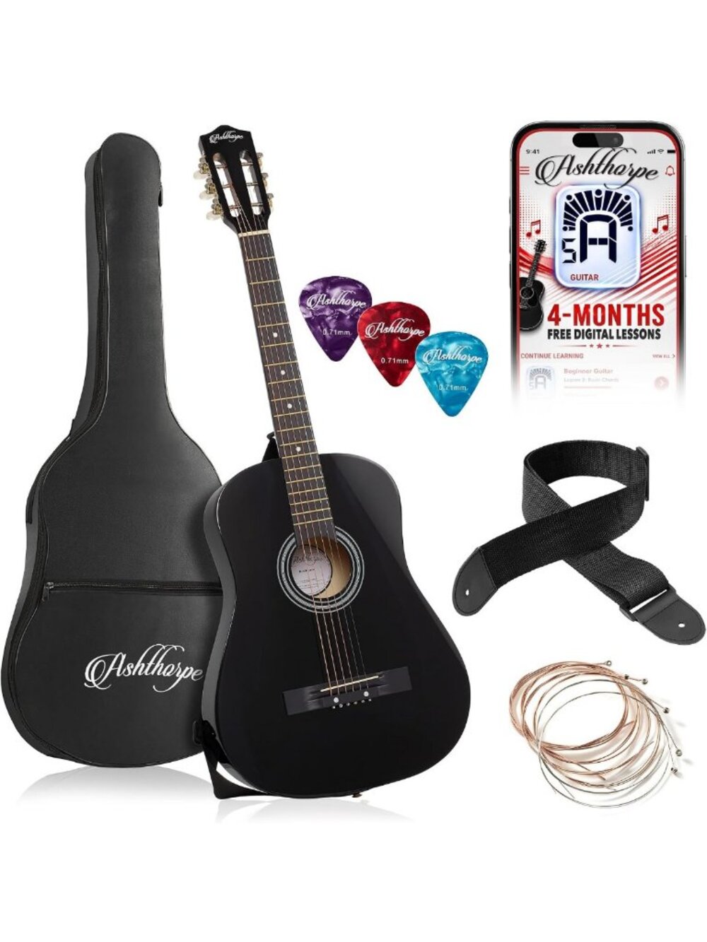 Beginner Acoustic Guitar 38" Black Starter Kit with Gig Bag, Extra Strings